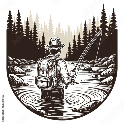 A fisherman with a backpack fly fishing in a river surrounded by pine forest vintage style