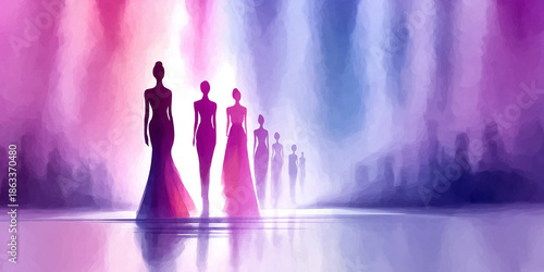 Fashion show silhouettes of models in colorful lights walking down runway. Fashion show includes stunning gowns of various designs, creating vibrant atmosphere and excitement for style enthusiasts.