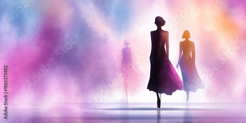 Fashion silhouettes of elegant models walking on runway with colorful background of pastel hues. Fashion event showcases stylish designs and creativity, highlighting trends in modern clothing.