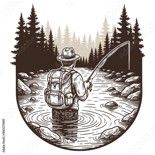 A fisherman with a backpack fly fishing in a river surrounded by pine forest vintage style