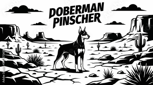 Doberman Pinscher stands in an open desert landscape, black and white contrast highlighting athletic form, alert posture, and minimal environmental elements