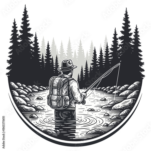A fisherman with a backpack fly fishing in a river surrounded by pine forest vintage style