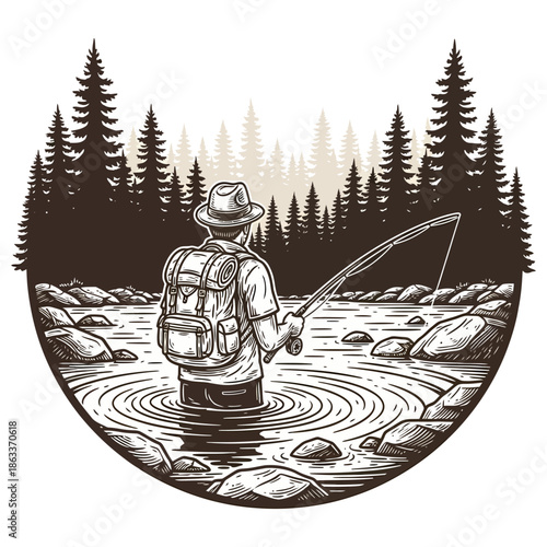 A fisherman with a backpack fly fishing in a river surrounded by pine forest vintage style