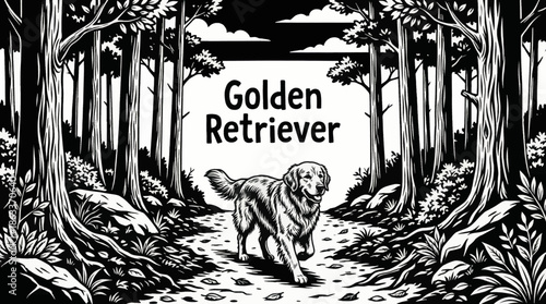 Golden Retriever walks along a forest path, black and white composition emphasizing softness, friendly expression, natural light, and peaceful woodland atmosphere