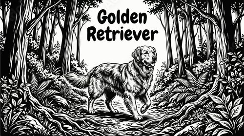 Golden Retriever walks along a forest path, black and white composition emphasizing softness, friendly expression, natural light, and peaceful woodland atmosphere