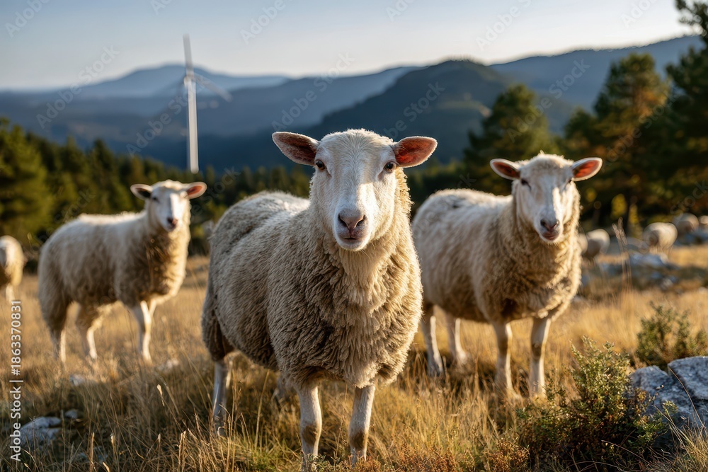 Fototapeta premium A charming flock of sheep grazing peacefully in a golden field on a rural farm, backed by majestic mountains and a modern wind turbine on the horizon.