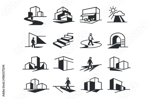 Vector geometry building cool shade icons align architectural urban zones wall icon