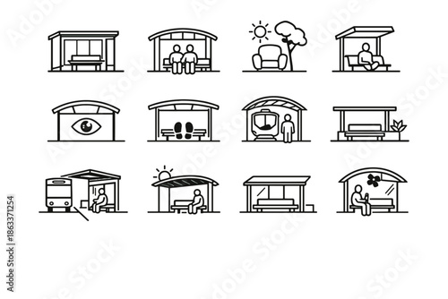Pause clarity shade commute waiting shelter transit vector icon transport urban focus