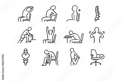 Back stretch sitting spine focus clarity routine posture icons health vector healthy