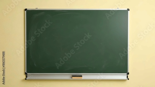 Empty Green Chalkboard on a Yellow Wall in a Classroom, Ready for Writing or Teaching Content
