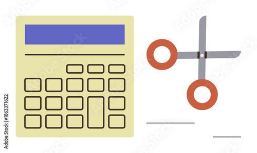 Budget planning, education, mathematics exercises, cost management, office tools, financial calculation. A calculator next to scissors on a white backdrop. Budget planning and education concept