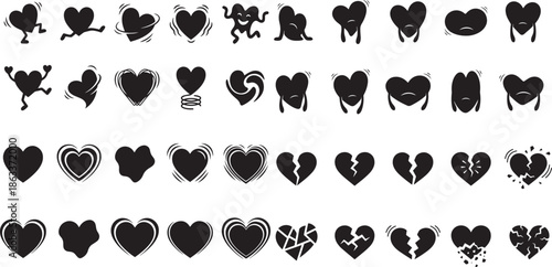 Cartoon hearts set expressing different emotions and feelings in black and white heart style