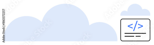 Cloud computing, data storage, software development, coding, web services, infrastructure management. Large blue cloud with a code symbol icon. Cloud computing and data storage