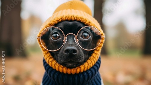 A Cute Dog Wearing Glasses and a Knit Hat, Posing in a Colorful Autumn Forest Setting
