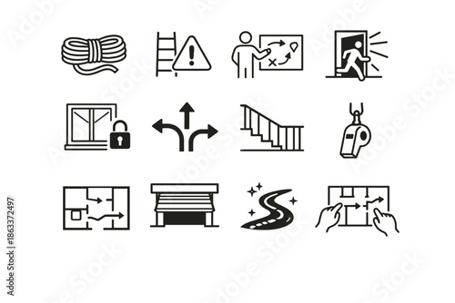 Escape hook icon paths fire route ladder open beam small home person