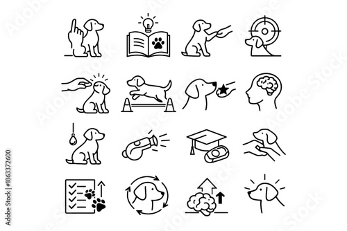 Training pet cue reinforcement icons commands vector learning behavior icon tricks