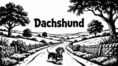 Dachshund walks along a quiet countryside road, black and white style emphasizing small stature, elongated form, and charming personality
