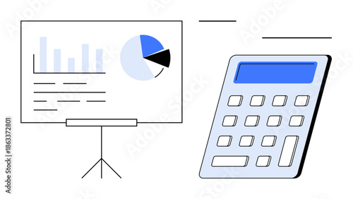 Financial analysis, data visualization, budgeting, education, statistics, business planning. A stand displaying charts and graphs with a calculator nearby. Financial analysis and data visualization