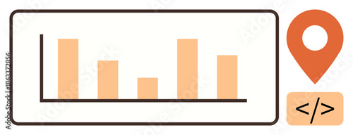 Data visualization, analytics, geolocation mapping, software integration, technology tools, statistical insights. Bar chart, pin icon and code element. Data visualization and analytics concepts