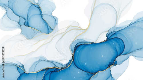 Elegant abstract fluid art painting with blue and gold marble alcohol ink