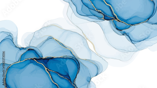Elegant fluid art with blue ink and golden veins creating a serene abstract design