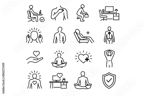 Wellbeing burnout workstation prevention cue step icons body focus comfort icon vector