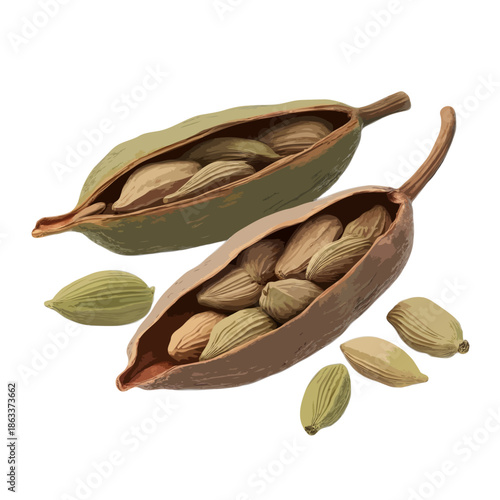 Cardamom pods and seeds isolated on white background, Vector