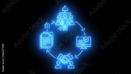 Neon Blue Circular Data Management Workflow Illustrating Storage, Processing, Distribution, And Automation Cycle