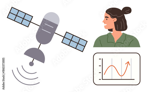 Space technology, data analysis, remote sensing, communication systems, scientific research, satellite communication. ion of a satellite, a woman and a graph. Space technology and data analysis