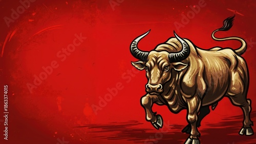 Golden bull charging on red background. Illustration of a strong ox for Chinese New Year or stock market concept. Financial growth symbol with copy space