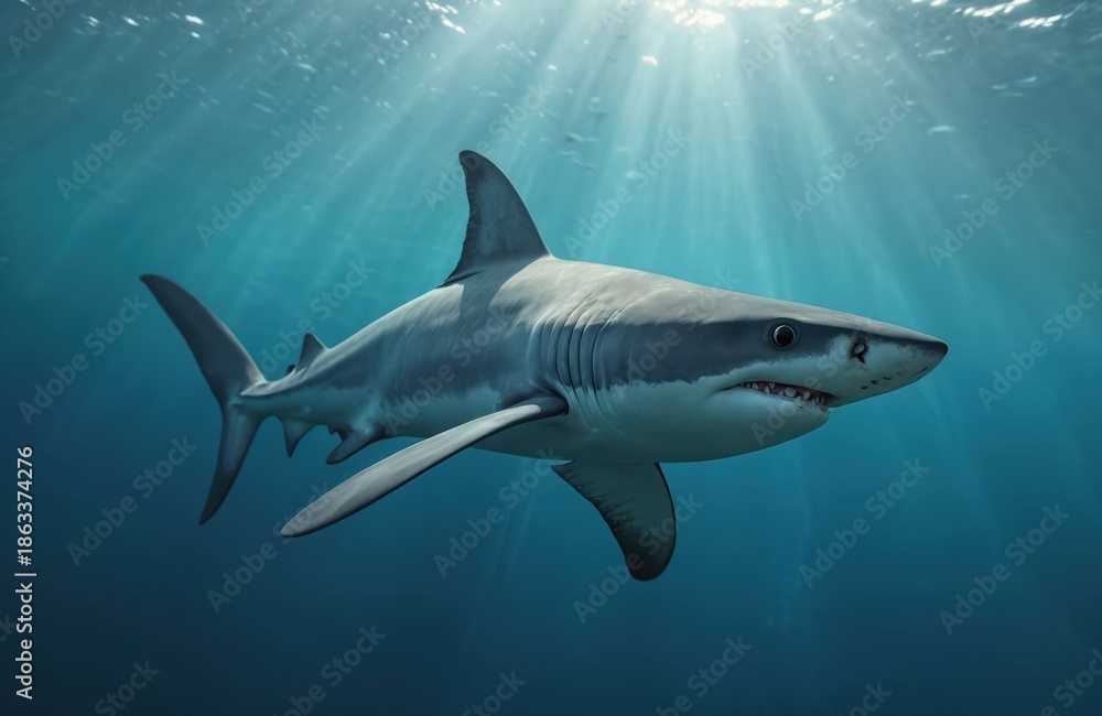 Fototapeta premium swims in deep blue ocean water. Sunlight filters from above. Powerful predator glides gracefully near water surface. Marine life in its natural habitat.