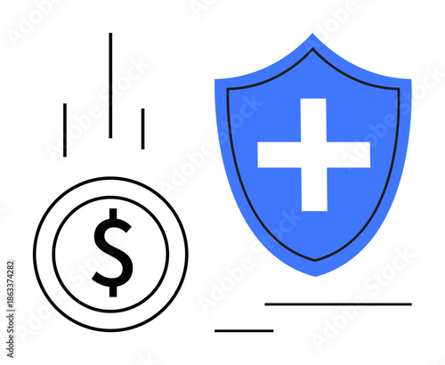 Financial security, health insurance, cost savings, medical care, risk management, and economic stability. A blue medical shield and a dollar symbol. Financial security and health insurance
