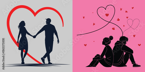 Romantic Essence: Capturing the essence of connection and tenderness, the image shows silhouetted couple holding hands inside heart, and back-to-back individuals connected by heart-shaped thread.