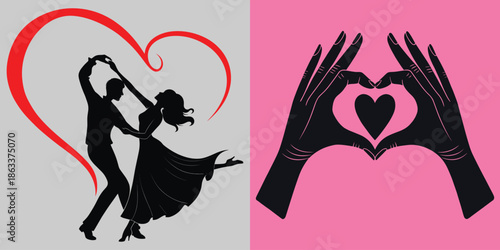 Dance of Love and Heartfelt Gestures: A composition featuring two distinct elements: a silhouette of a couple gracefully dancing within a heart, and hands forming a heart shape.