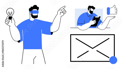 Virtual reality, communication, innovation, brainstorming, modern technology, digital interaction. A person with a VR headset, another with a tablet and creative icons. Virtual reality