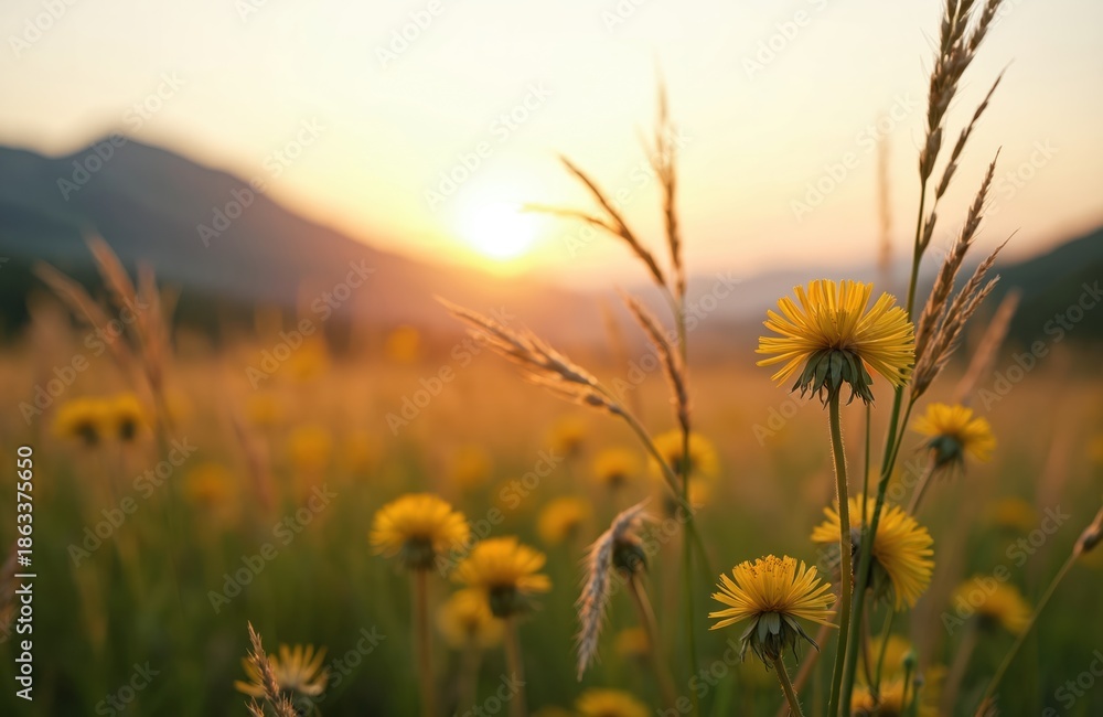 Obraz premium Wild yellow dandelions bloom in a mountain meadow at sunset. Tall grasses sway gently in the warm, golden light. Nature scene with shallow depth of field creates peaceful atmosphere.