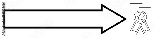 Success, achievement, navigation, growth, goal setting, recognition. Black outlined arrow pointing toward a ribbon badge with a star. Achievement and recognition concept