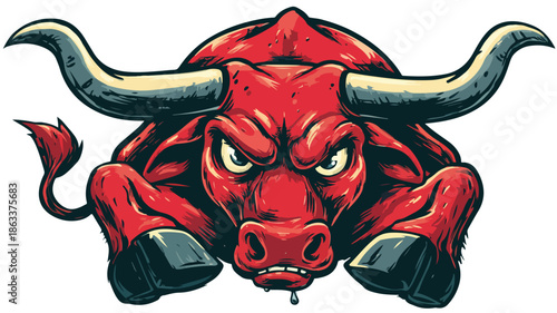 Angry Bull Cartoon Vector Illustration on White Background with Outline for Design Projects