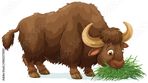 Cute Cartoon Buffalo Grazing on Green Grass with Bold Outline Vector Illustration