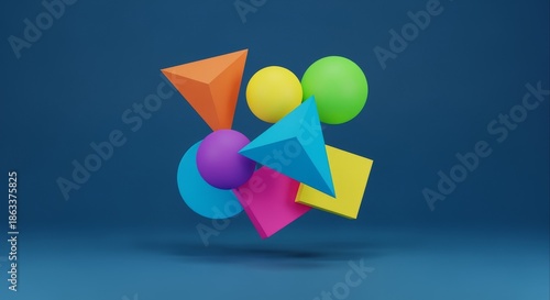Dynamic Abstract Composition of Colorful Geometric Shapes on a Blue Background