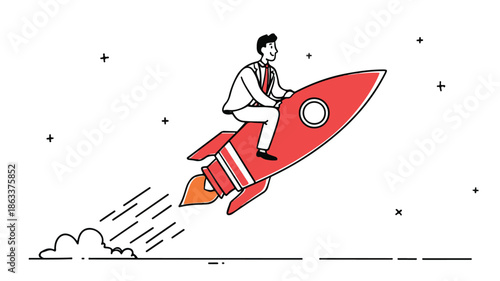 Businessman Riding Rocket for Fast Success Achievement Vector Illustration