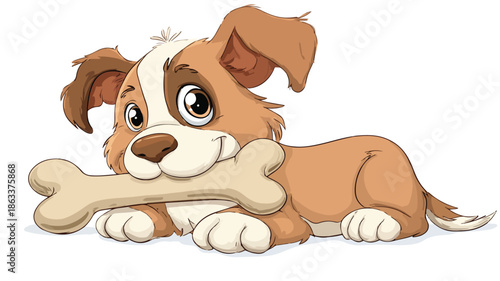 Cute Cartoon Baby Dog with Bone in Vector Isolated on White Background