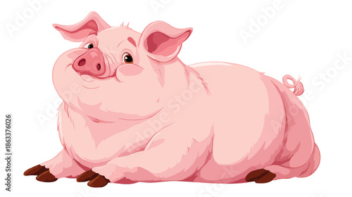 Adorable Cartoon Cute Fat Pig Posing Sitting on White Background Vector Illustration