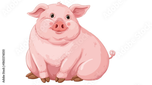 Adorable Cartoon Cute Fat Pig Posing Sitting on White Background Vector Illustration