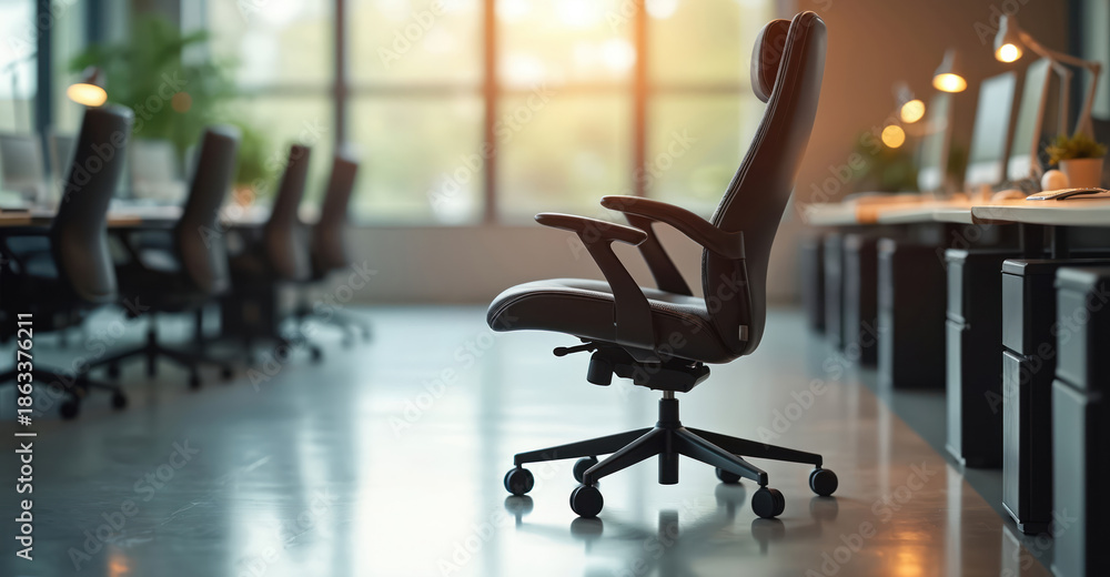 Fototapeta premium Sleek leather office chair sits empty in a modern workspace with blurred desks, computers, and lamps. Sunlight streams through large windows illuminating a clean, sophisticated corporate environment.