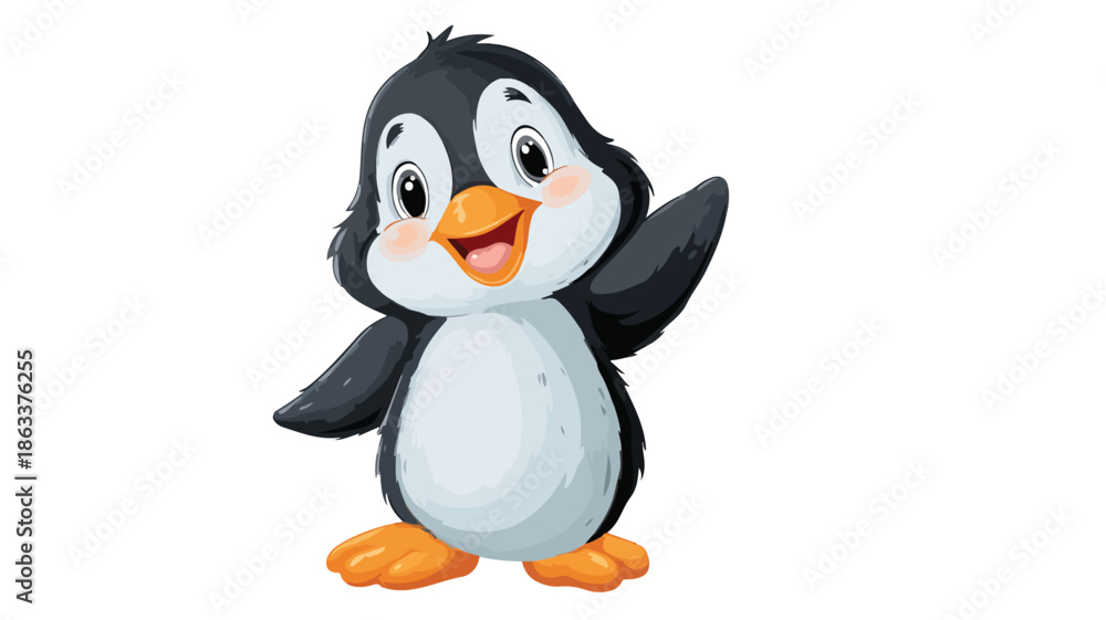 Fototapeta premium Cute Cartoon Penguin Waving Vector Illustration Isolated on White Background
