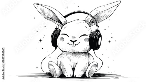 Cute Cartoon Happy Rabbit Wearing Headphones Vector with Outline
