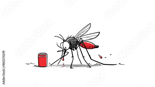 Illustration of Cute Mosquito Drinking Blood on White Background with Outline
