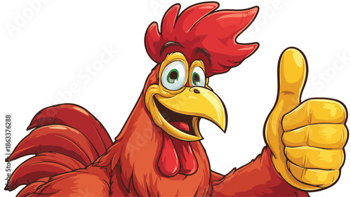 Cheerful Cartoon Rooster Giving Thumbs Up with Outline on White Background