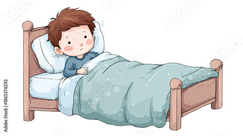 Sick Boy Cartoon Character in Bed Vector Illustration on White Background